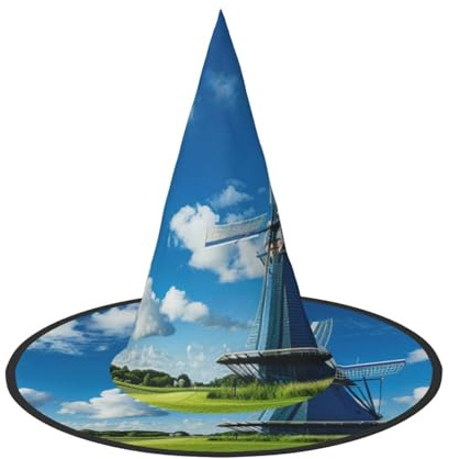 YKJJFVZ Windmill Blue Print Trendy Witch Hat,Creative Party Hats,Perfect For Creative And Spooky Costumes