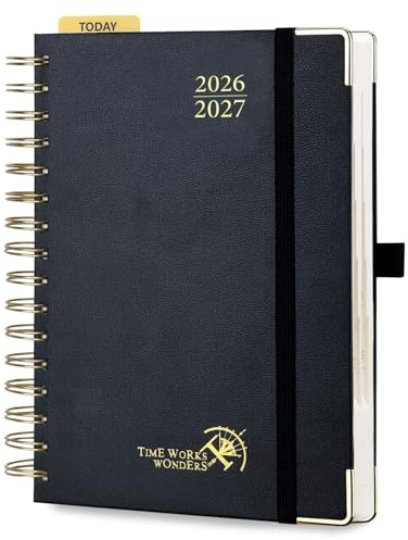 POPRUN Tagesplaner 2026 2027 Spiralbuch mit Hardcover ca.A5(14 x 20,9cm) | Tageskalender 1 Tag 1 Seite,(Montag - Sonntag),Terminplaner,(Aug.2026-Jul.2027),mit Plastiklineal(Schwarz)