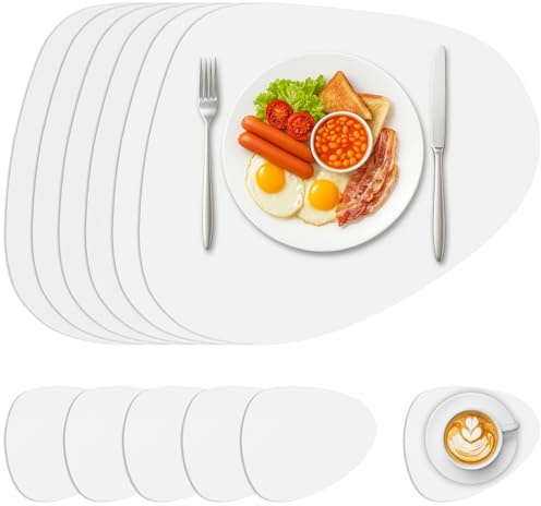 Sevenpers Platzsets Abwischbar, Tischsets Abwaschbar Leder und Untersetzer 6er Set, Wasserdicht rutschfest Platzdeckchen Platzsets für Hause Küche Restaurant und Hotel,Weiß,42x33cm