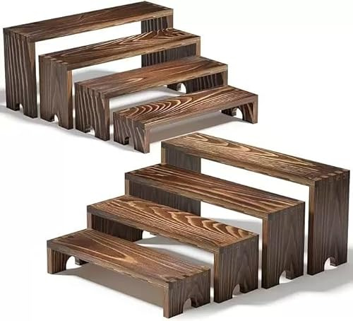 Fushiton 8Pcs Wooden Display Risers Set, Wood Tiered Stand for Perfumes, Cosmetics, Jewellery, Collectibles, Cupcakes and Party Food Display Dark Brown