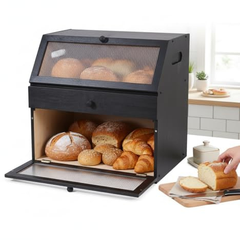 2-Layer Bread Bin Storage Kitchen Organization Black Bread Box Food Keeper | 43x17.5x28cm, Bamboo, Bakered food, Keep bread fresh, Easy to assemble, Easy to clean