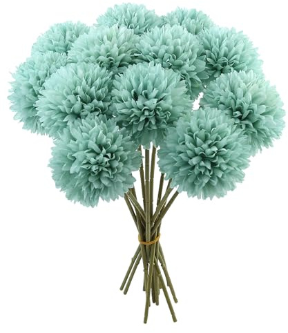 PETERMALLON 12 flores de bola de crisantemo de seda, hortensias artificiales, ramo de hortensias artificiales con tallos, para ramos de boda, casa, jardín, oficina, color azul