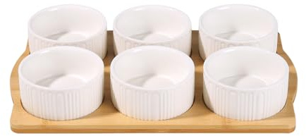 Tanggaogao Nibbles Serving Platter Set - 6 Ceramic Dip Bowls with Bamboo Tray, 4oz Ramekins for Tapas, Crisps, Dips, Nuts & Sauces - Party Serving, Microwave & Dishwasher Safe