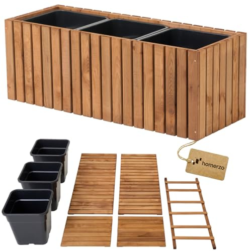 HOMERZO Jardinera de madera marrón para montar tú mismo, rectangular, grande, para jardín y balcón, resistente a la intemperie, con inserto de 18 L, jardinera para exteriores (marrón vertical, 98 x 36