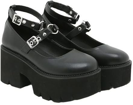Jemnpela Mary Jane Donna Nere Eleganti Platform Tacco Morbido Punta Rotonda Fibbia Stile Gotico Y2K Calzature Moda Jeans Abito Divisa Scolastica Feste Viaggi Cosplay Lavoro