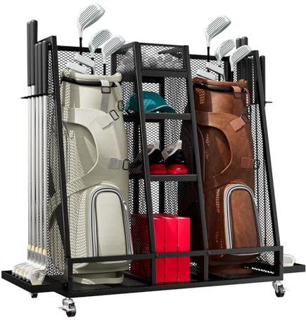 Lhysn Golftaschenständer für 2 Golfsäcke aus Kohlenstoffstahl, mobiler Golf Organizer mit 4 Ablagen, seitlichem Schlägerhalter, 100kg Tragkraft, feststellbare 360° Räder für Garage Zuhause