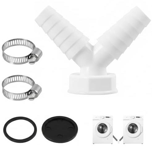 Universal Washing Machine Drain Y Splitter Adapter, 19–24mm Double Hose Connector for Dishwasher & Washer, DN25 Waste Pipe Connector with 2 Stainless Steel Clamps, Leak Proof Easy Install