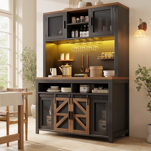 Ktipm Aparador Cocina Alacena de Cocina con Enchufe y Iluminación LED, Armario de Cocina con 4 Puertas de Rejilla y 2 Puertas Correderas, Mueble Aparador con Placa Perforada, 120x40x174.5 cm, Negro