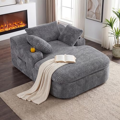 DSNAPE Schlafsofa mit Schlaffunktion 169cm, Sofa mit Getränkehalter, Grau | Boneless Chaiselongue Sofa Couch mit Kissen, Modernes Cordstoff Bodensofa für Wohnzimmer Schlafzimmer, Keine Montage