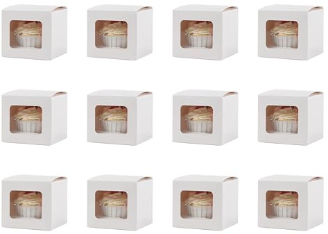 Komonee 12 x Cupcake Boxes Individual White Single Fairy Cup Cake With Clear Window Cardboard Packaging Box Baking Kids Muffins Cookies Brownies Christmas Bake Weddings