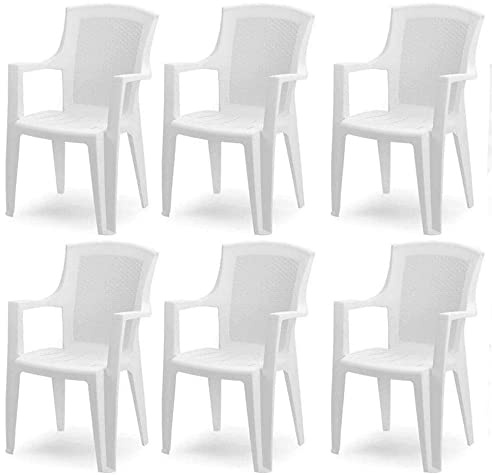 Tomaino - Gartenstühle aus Kunststoff in Holzoptik - Set mit 6 stapelbaren Kunststoffstühlen mit Armlehnen - Gartenstuhl für Outdoor, Terrasse oder Bar - Weiß