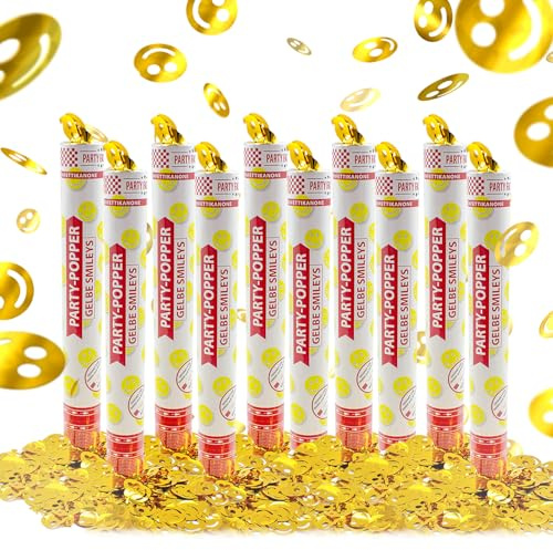 Party Factory – Konfettikanone Gelbe Smileys Party Popper 10er Set – Partygadgets Konfetti Kanone 40cm mit Schnipseln für Hochzeit, Geburtstag oder Silvester – Bis 8m Flughöhe, für Innen & Außen