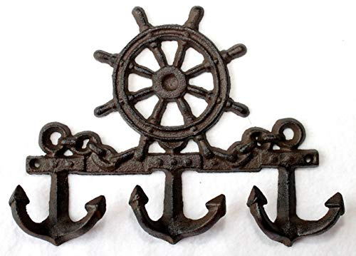 dekoundmeer Wandhaken Gusseisen 23 x 17 cm mit Anker und Steuerrad Rost Braun