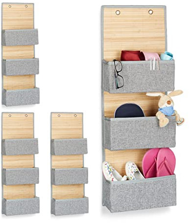 Relaxdays 4 x Hängeaufbewahrung, Bad und Flur, Türorganizer 3 Fächer, Bambus und Stoff, Türgarderobe, HxBxT: 94 x 33 x 12 cm, grau