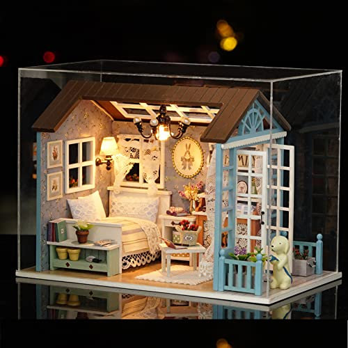 DIY Miniature Dollhouse Kit 1:24 Realistic Mini 3D Wooden Mini Doll House Room with Furniture LED Lights Christmas Decoration Birthday present for Kids Teens Adults (Blue Hut)
