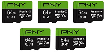 PNY Tarjeta de Memoria Flash microSDXC Premier-X Clase 10 U3 V30 de 64 GB, Paquete de 5 Unidades, 100 MB/s, Clase 10, U3, V30, A1, 4K UHD, Full HD, UHS-I, Micro SD