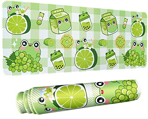 Kawaii Frog Gaming Mouse Pad for Desk, Extended Large Frog Donut Boba Milk Tea Mouse Pad, Green Mousepad XL, Long Big Mouse Mat, Kawaii Frog Decor Stuff Accessories, 31.5 X 11.8 Inch