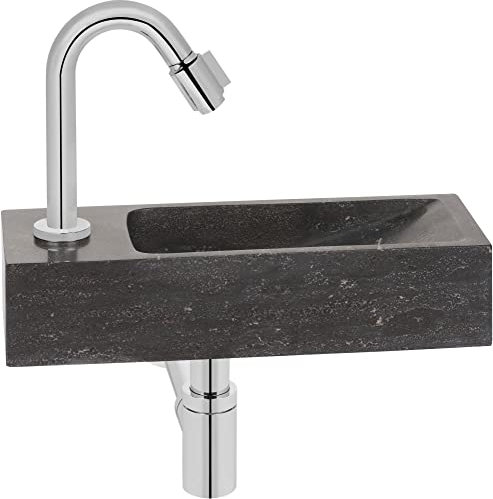 Saqu Nature Collection Waschbecken Set mit chromem Hahn Links aus Naturstein - Waschbecken für Unterschrank, Waschtisch für Gäste WC