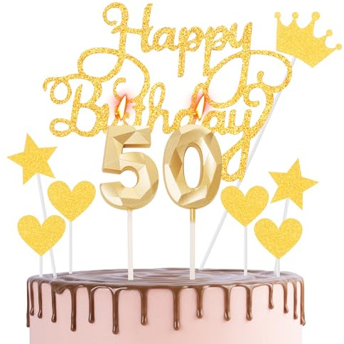 Happy 50th Birthday Cake Topper & Candles - Gold Number 50 for Cake Decorations - Cupcake Topper for Women, Her, Men, Him - Gold