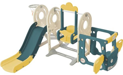 Baby Slide and Swing Set Freestanding Slide Toddler Climber Swing Set Infant Playground Play Set Indoor Outdoor Long Slide Baby Playground Activity Center Kid Play Equipment (Bus-Green)