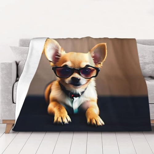 MDATT Fleece-Überwurfdecke mit Chihuahua-Hundebrille-Druck, groß, 152,4 x 203,2 cm, Plüsch-Flanell-Decken für Sofa, Couch, Bett