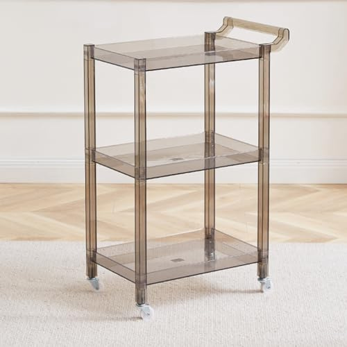 RongHuiDa Acryl Trolley, 3-Tier Acryl Bar Cart mit Ziehgriff & 4 Räder für Küche Wohnzimmer Esszimmer Wäscherei, Klar Multifunktions Kleine Räume Rolling Serving Cart (Size:29.13'' H, Color:Grau)
