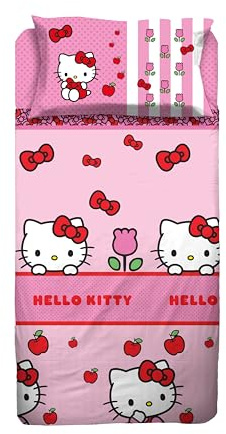 hermet Hello Kitty, Set Lenzuola Letto Singolo, Completo Letto Singolo, Lenzuolo Sopra, Lenzuolo Con Angoli, Federa, Rosa, 100% Cotone, Prodotto Ufficiale