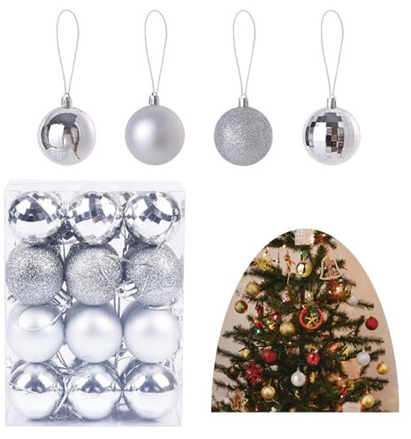 Alppihym 24 Stück pro Karton Weihnachtskugeln 4cm - Weihnachtsdeko Kunststoff, Rot, Silber, Gold Weihnachtsbaumschmuck für Weihnachtsbaum - 4 Verschiedene Weihnachtskugel-Stile pro Box (Silber)