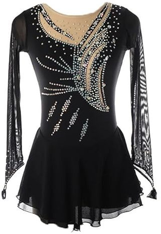 YDHTIZ Eiskunstlauf Performance Kostüm Für Damen Klassische Tanz Gymnastik Kleider Für Mädchen Lange Ärmel Rollschuhrock Ballett Trainingskleidung,Schwarz,XL