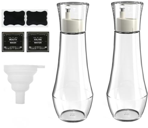 Suaetiai 2 Pack Glass Mouthwash Dispenser for Bathroom, 8.8oz Refillable Glass Mouth Wash Decanter, Clear Bottle for Countertop/8 Pcs Label