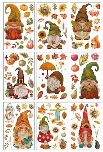 Herbstdeko Fensteraufkleber mit 9 Bilder Wichtel Figuren, Thanksgiving Fensterbilder, Herbst Selbstklebend Fenster Deko, Fensterfolie für Schlafzimmer Wohnzimmer Party fensterdeko