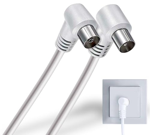 TECHZOCO Cable antena TV macho hembra, cable coaxial antena TV, Cable antena TV 90º acodado, Cable televisión, decodificador, 70dB, HDTV, DVB-T2, DVB-C, DVB-S, TV y Radio, 75 Ohm, Blanco, 5 metros