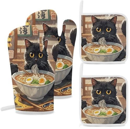 Lot de 4 gants de cuisine et maniques en forme de chat noir - Résistants à la chaleur - Gants de cuisine antidérapants pour la cuisson au barbecue