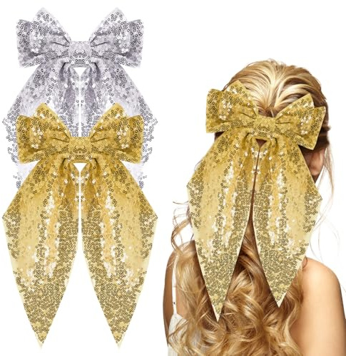 Kunyeah 2Pcs Mädchen Glitzerbogen Haarspange Frauen Große Schleife Haarknoten Glitzernde Schleife Haarspangen Vintage Französisch Haarnadel lange Spitze Stil Haar Zubehör (Gold/Silber)