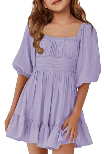 Haloumoning Mini robe d'été à manches courtes et col carré à lacets dos nu à volants pour fille