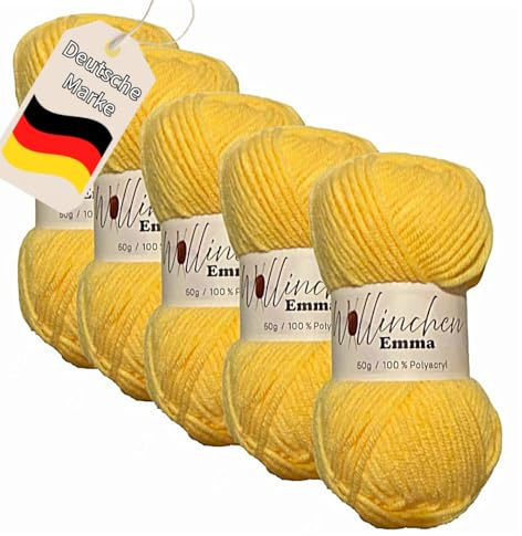 Wollinchen Wolle Emma - 5 x 50g - leuchtende Farben, Babywolle, Wolle zum Stricken, Häkeln, Knüpfen oder Basteln (Gelb)