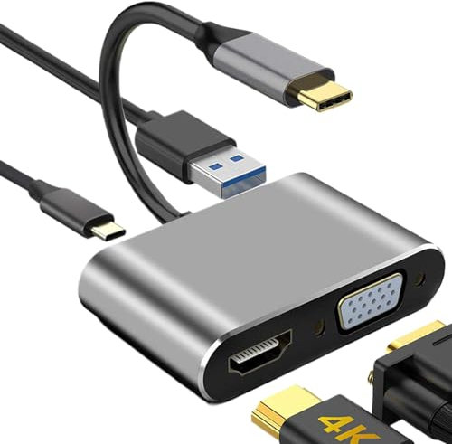 Adaptador tipo C a HDMII VGA DVI, convertidor multipuerto USB C 4K, concentrador de pantalla HDTV, adaptador USB C a video de alta velocidad, extensor de monitor, base de pantalla 4 en 1, concentrador
