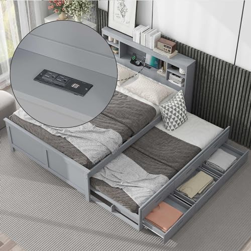 Bellemave Full Size Platform Bed with Storage Headboard, Full Size Platform Bed with Twin Size Trundle and 3 Drawers&USB, Solid Wood Bed Frame with Storage for Kids,No Box Spring Needed. (Gray)