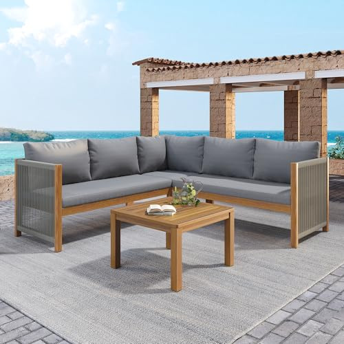 Merax Gartenmöbel-Set, Ecksofa + Couchtisch aus Akazienholz, Lounge Möbel mit geflochtenes Seilhandwerk, bequemes Kissen, für Garten, Terrasse und Balkon, Grau