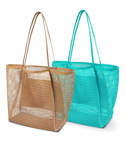 Kalamakala 2Pcs Faltbare Mesh Strandtasche,Große Familie Shopper Tasche Damen für Urlaub Sport,Beach Bags For Women,Shopper für Frauen,Mesh Tote,Umhängetasche