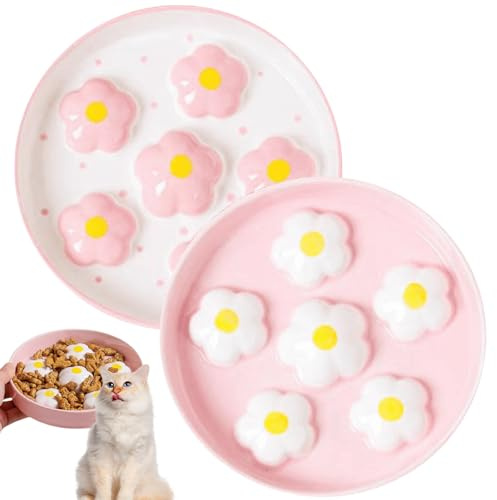 Uppsättning av 2 anti-sling skål katt keramik – anti-slow cat i labyrintdesign – långsam matare kattskål bredd 16 cm – diskmaskinssäkra kattskålar pastellfärger (vit och rosa)