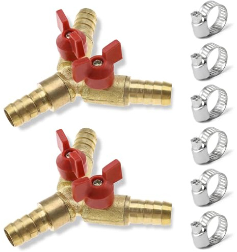 3 Wege Schlauchverbinder mit Absperrhähnen 10mm Messing Y förmiges Schlauchanschluss Kugelhahn 2 Schalter mit Klemmen Abzweigventil Verbinder für Tischlerarmatur Luft Wasser Gas, 2 Stück