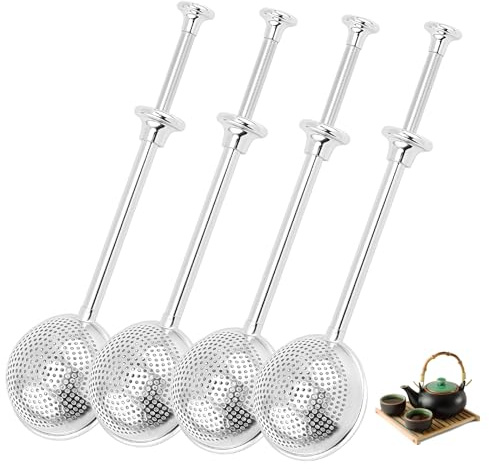 GOEDCH Lot de 4 passoires à thé pour thé en vrac : pince à thé en forme de boule en acier inoxydable, boules à thé avec poignée coulissante, filtre à thé à mailles fines pour le thé en vrac, les