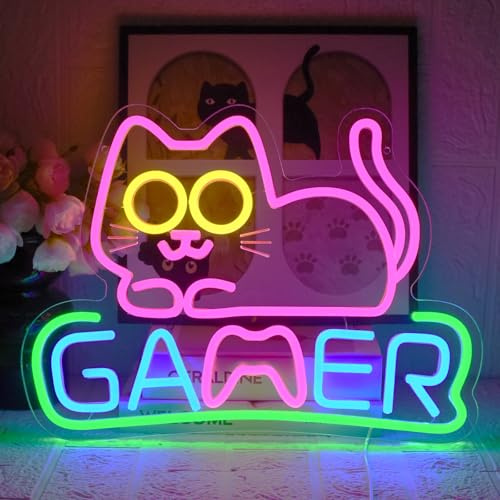 UExnkj-Y Katze Gaming Neon Schild Game Neon Schilder Spiel Leuchtreklame Cat Neonlichter USB Dimmbares Neonlicht für Game Raum Gamer Dekor Gamer Teen Geburtstag Weihnachtsgeschenke
