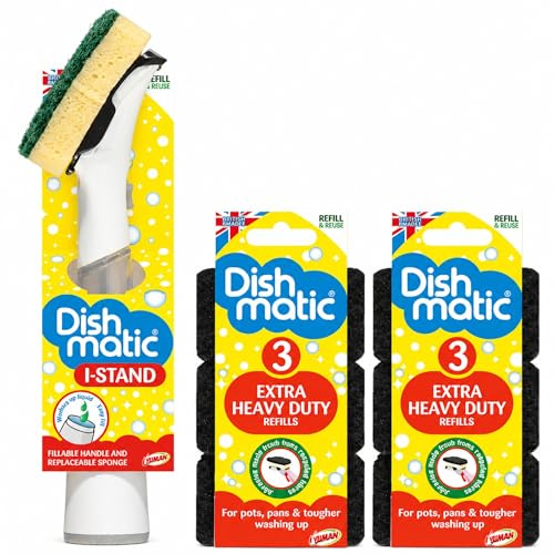 Stand Dish Brush with Fillable Handle & 6 Extra Heavy Duty Sponge Refills, Refillable Washing Up Scrubber for Pots, Pans & Kitchen Cleaning.