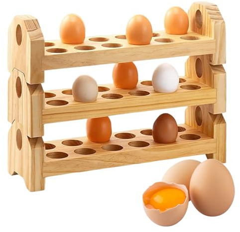 Soporte de huevo de gallina: rejilla de madera de 3 niveles, dispensador apilable | Antigua estante de almacenamiento de huevos, estante de organización rústica de la granja, decoración de cocina que