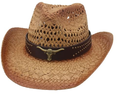 Qianderer Straw Cowboy Hat for Men Women, Wide Shapable Brim Cowgirl Sun Hats UV Protection Holiday Travel Panama Fedora Hat Beach Caps Headwear (Khaki, ONE Size)