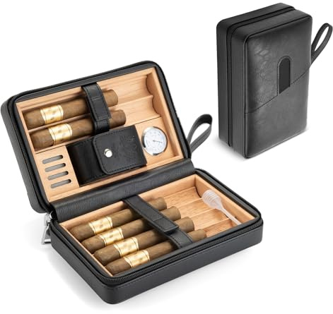 Zigarren Humidor Reise Zigarrenetui aus Leder, mit Hygrometer und Befeuchter, Zigarrenzubehör Tasche, Tragbarer Reisehumidor Bietet Platz für 6 Zigarren, Zigarren Box zum Ausgehen (Schwarz)