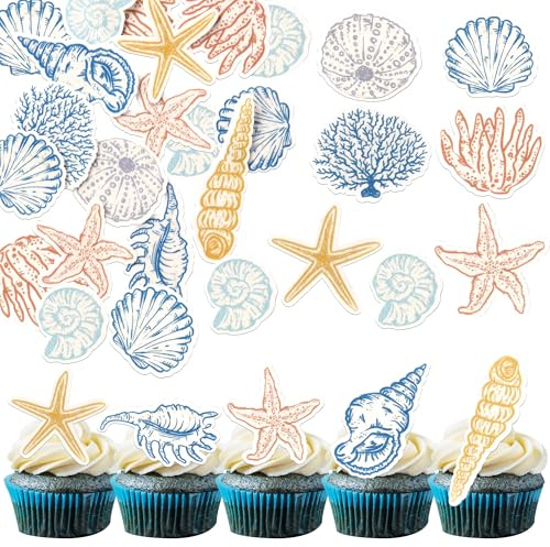 60 Stück Essbare Meer Muscheln Tortendeko Seestern Muschel Meerestier Kuchen Deko für Sommer Ozean unter dem Meer Thema Baby Dusche Kinder Geburtstag Party Kuchen Dekorationen