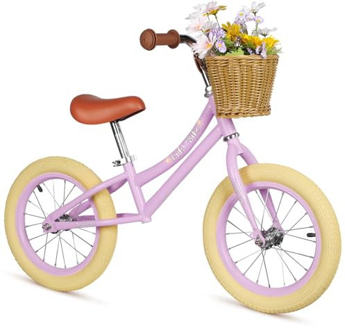 Hello-5ive Bicicletta senza pedali da 14 pollici per bambini con cestino rimovibile, bicicletta da allenamento regolabile in altezza con telaio in acciaio al carbonio e pneumatici in gomma